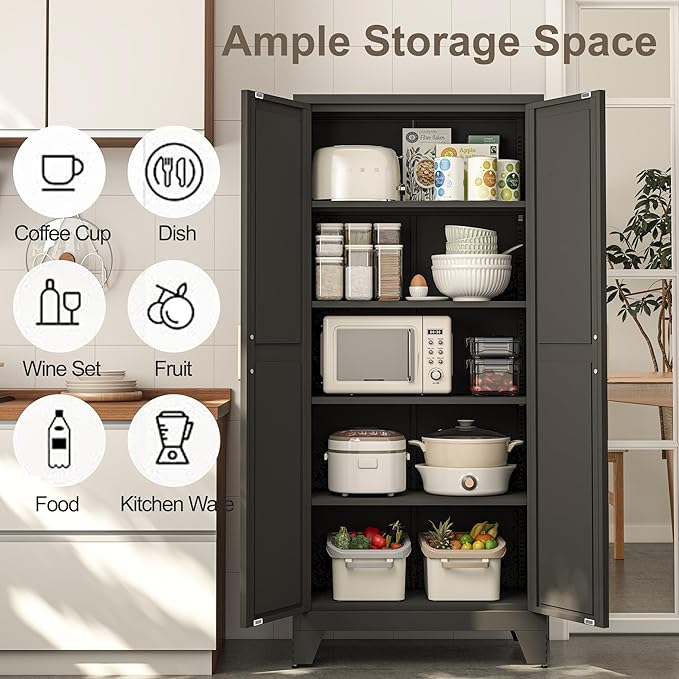 71H Tall Metal Storage Cabinet with 2 Doors and Adjustable Shelves,Farmhouse Storage Cabinet with Barn Doors,Pantry Storage for Home,Office,Bathroom,Dining Room,Kitchen(Black)