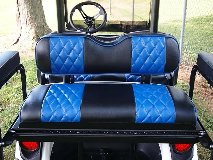 Huskey 4PCS Golf Cart Front/Rear Seat Covers for EZGO Freedom TXT 2014+, Valor Custom Two-Tone Black/Blue Diamond Stitching with Blue Piping, Marine Grade Vinyl Material, Staple on Design