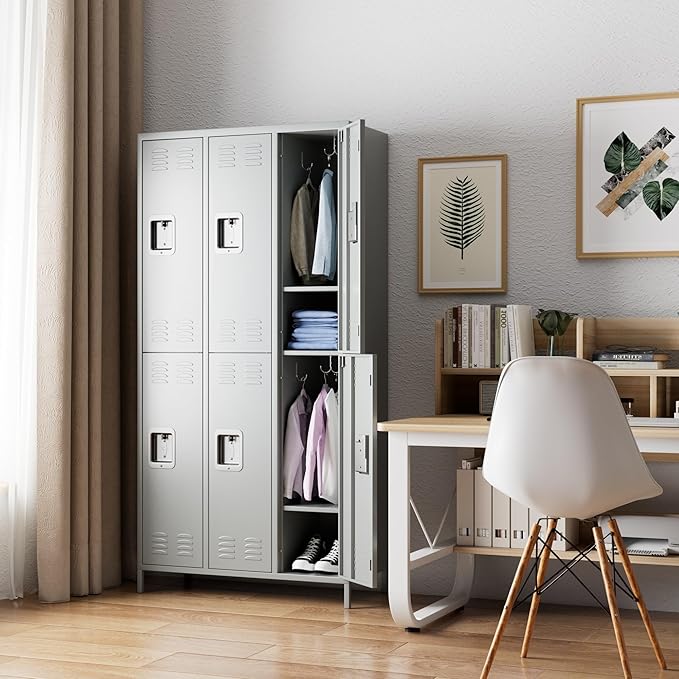 METAN Metal Locker for School Office Gym Bedroom,6 Doors Steel Storage Locker Cabinet for Employees,Industrial Storage Locker with 1 Shelves,Assembly Required (6 Door-Light Gray)