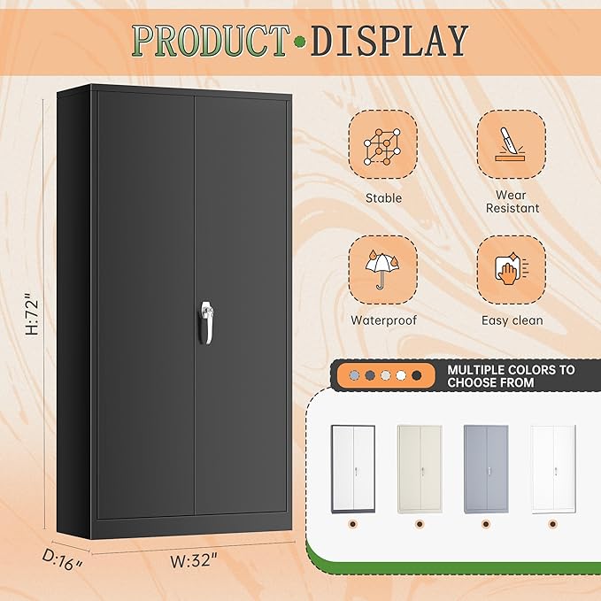 Greenvelly Metal Wardrobe Cabinet with Locking Doors, 72"H Black Metal Wardrobe Closet with Hanging Rods and Adjustable Shelves, Clothing Storage Closet for Home, Office, Employee, Gym (16" D x 32" W)