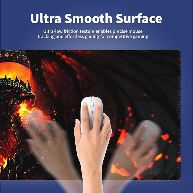 Extended XXL Gaming Mouse Pad with Stitched Edges for PC Home & Office 31.5 x 11.8 inches - Abstract Dragon of Flames and Shadows Design, Smooth Fabric Surface Anti-Slip Rubber Base Large Desk Mat