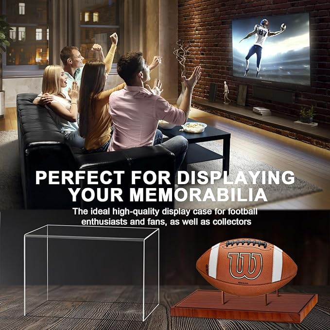 Football Display Case, Acrylic Football Case Clear, UV Protected Display Case with Solid Wood Base Stand for Full Size Signed Football Holder, Football Display Box for Football Fans & Collectors
