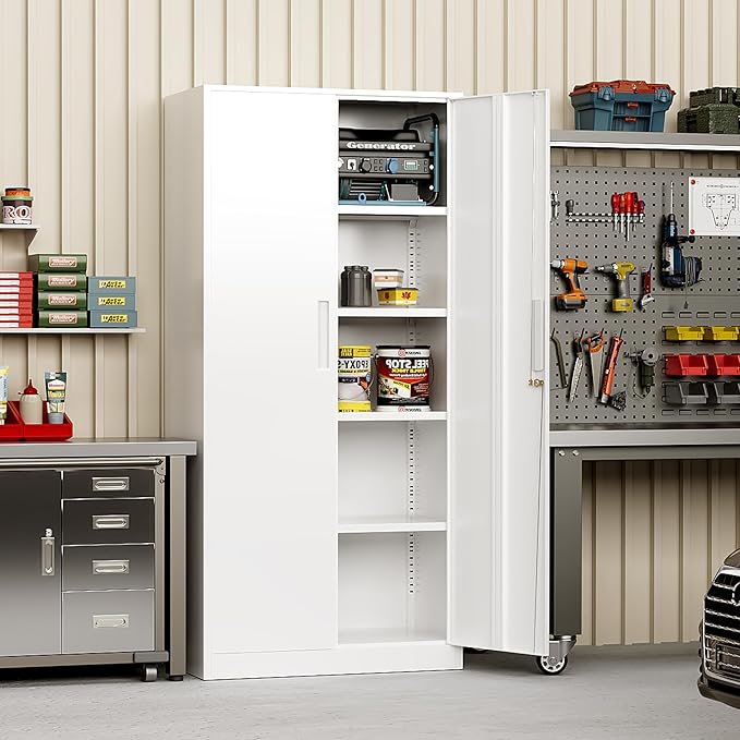 Greenvelly White Metal Storage Cabinet, 72" Locking Storage Cabinets with Doors and 4 Shelves, Tall Tool Storage Cabinet for Garage, Steel Lockable File Cabinet Metal Locker for Home Office, Classroom