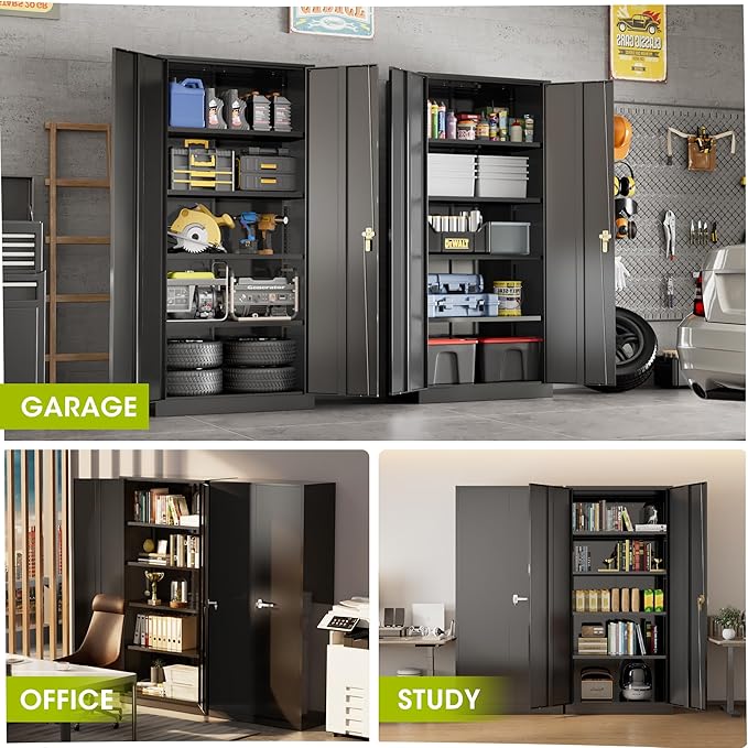 Greenvelly Metal Lockable Storage Cabinet, 72” Tall Storage Cabinet with 2 Doors and 4 Adjustable Shelves for Office, Home, Garage, Pantry (Assembly Required, 18”D, Black)