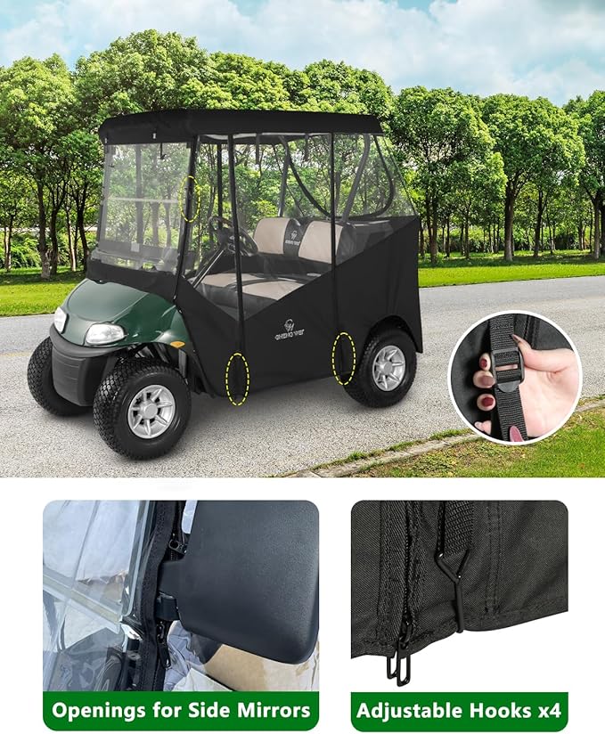 Golf Cart Enclosure 2 Passenger for Ezgo TXT RXV,600D Clear Rain Cover Driving Enclosure 2 Seater,Roll Up 4 Sided Transparent Windows&Door Heavy Duty Zipper,Side Mirrors Openings Winter enclosures