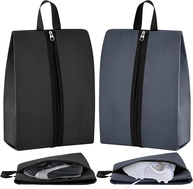 2 Pack Smell Proof Shoe Cleat Bag for Travel Water-resistant Odor Absorbing Lightweight Golf Soccer Shoe Storage Organizer Pouch with Zipper Dust-proof for Gym Sports Work(Black, Dark Grey)