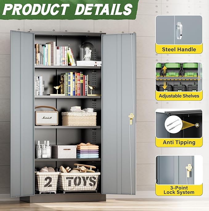 Greenvelly Metal Storage Cabinet,72 Inch Lockable Storage Cabinet with Doors and 4 Adjustable Shelves,Garage Storage Cabinets for Home,School,Gym(Black Grey)