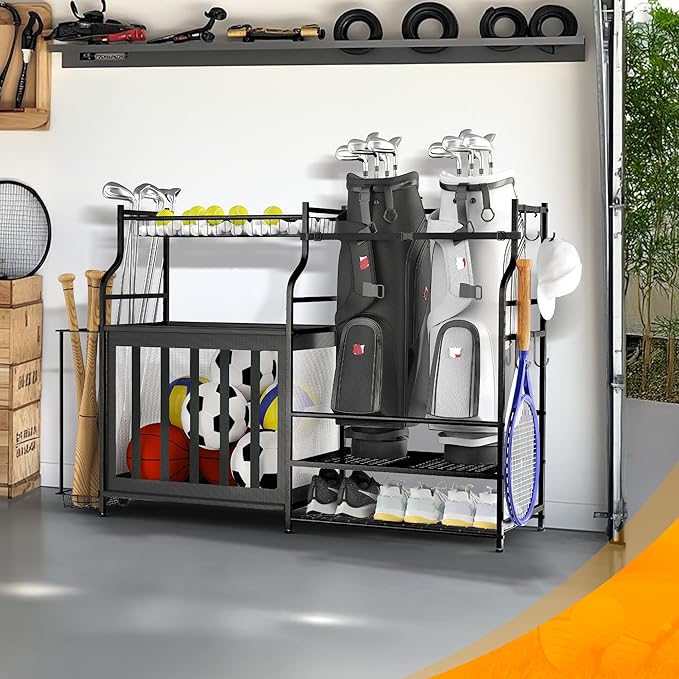 PLKOW Sports Equipment Organizer Rack, Garage Ball Rack, 2 Golf Bag Storage and Sports Gear Organizer for Garage
