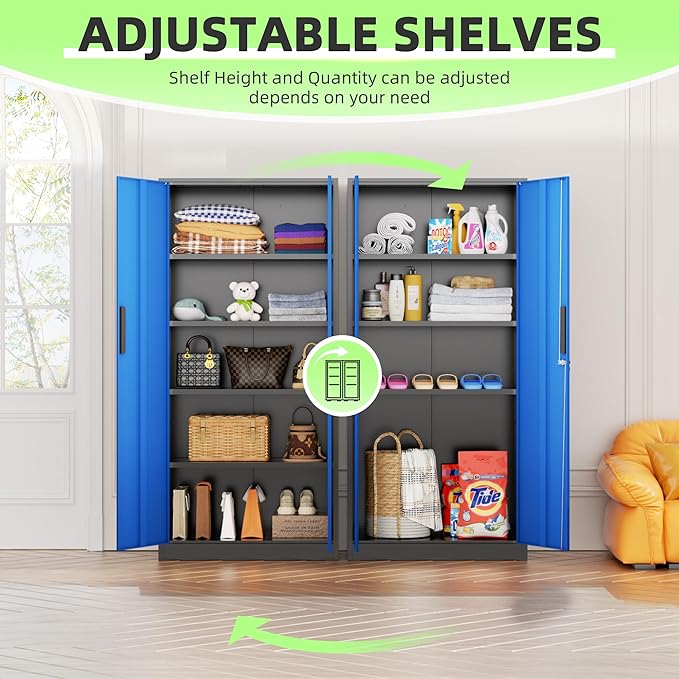 INTERGREAT Metal Storage Cabinet, 72" Locking Steel Cabinets with 2 Door and 4 Adjustable Shelves, Tall Metal Cabinet for Home Office, Garage, Warehouse,(Black+Blue)
