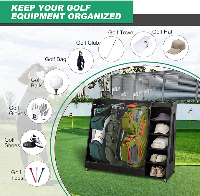 Wooden Golf Bag Organizer and Storage Rack, Accommodate Golf Bags and Golf Clubs/Hockey Sticks, Golf Balls, Inside and Outside The Garage shed Basement