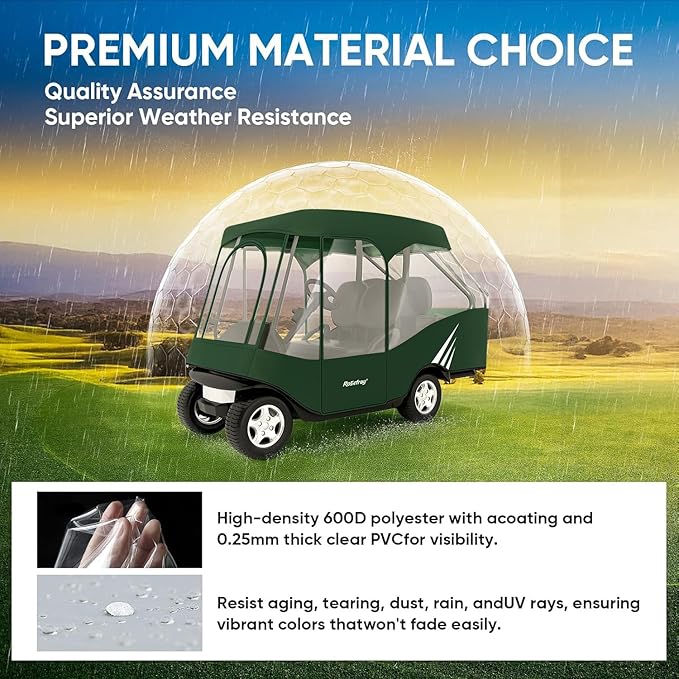 Rosefray Golf Cart Enclosure, 2+2 Drivable Rain Cover, Short Roof 58" - EZGO, Club Car - Durable Door Zipper - 4 Seater Golf Cart Cover Glowing at Night