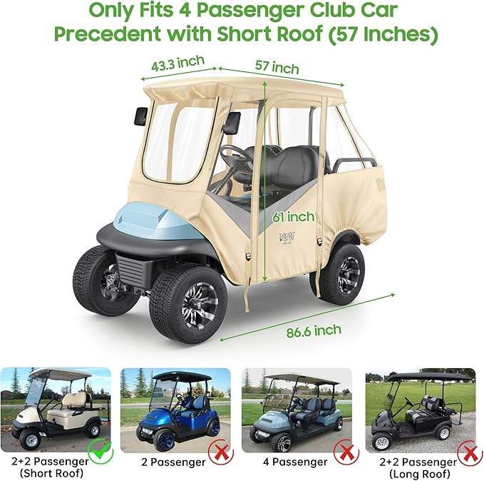 10L0L 4 Passenger Golf Cart Driving Enclosure for Club Car Precedent with Short Roof Up to 57", 4-Sided Clear Window 600D Rain Cover All Weather Windproof Waterproof - Beige with Grey