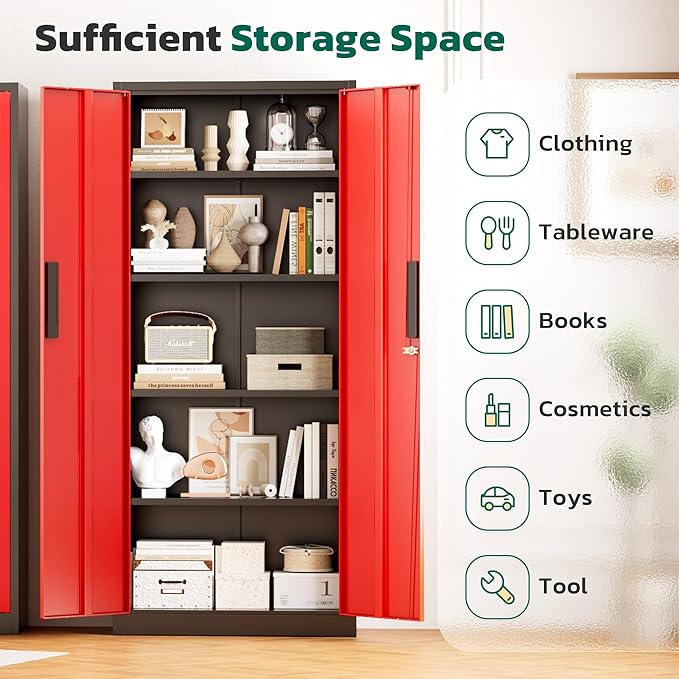 Greenvelly Metal Pantry Cabinet, 63”Tall Kitchen Pantry Storage Cabinets with 2 Lock Doors and 4 Adjustable Shelves for Home Office, Dinning Room,Garage(Black Red)