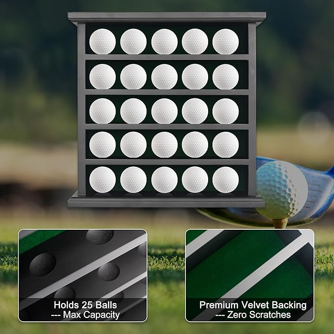 25 Golf Ball Display Case Wall Mounted -Black Golf Ball Holder with Green Velvet Backing, Anti-Fall Slots, No Assembly Needed for Golf Souvenirs & Collectibles