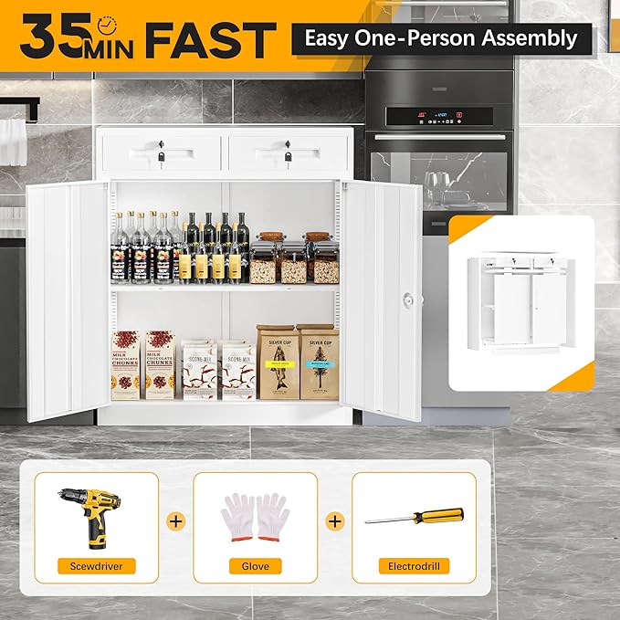 Greenvelly Metal Storage Cabinet with 2 Drawers,36" Lockable Storage Cabinet Steel White Cabinet with Doors and Adjustable Shelves for Bathroom Storage Home Office, Garage, School, Apartment