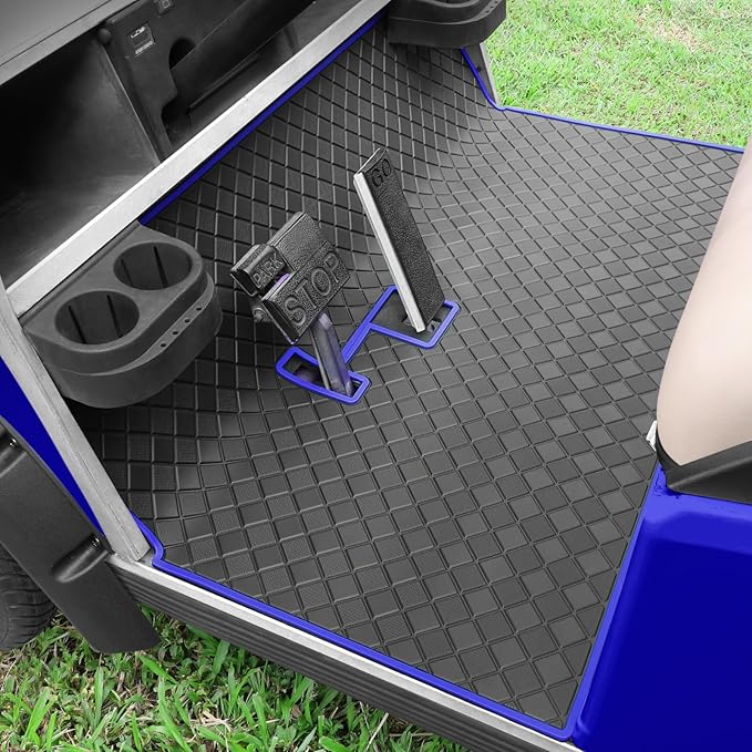Golf Cart Floor Liner Mat 8mm Thick Rubber Full Coverage Fit for Club Car DS 1982-2013 / Villager 1982-2018 Carts Heavy-Duty Non-Slip Front Feet Mats Replacement Easy to Clean - Blue Trim