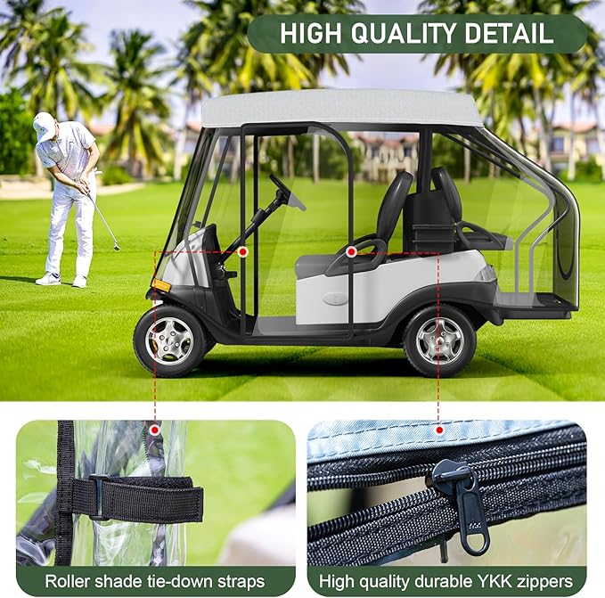 Rosefray Golf Cart Enclosure - 2+2 Drivable Rain Cover for Short Roof 58" EZGO, Club Car - Durable Door Zipper, 4-Sided Clear Windows (4 Seater)