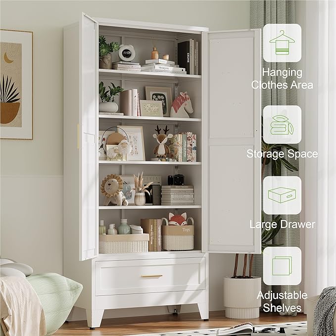 71"Tall Metal Storage Cabinet with Drawer and 4 Adjustable Shelves,Farmhouse Kitchen Pantry Storage Cabinet with Doors, Freestanding White Locker Cabinets for Office,Dining Room,Bathroom(White)
