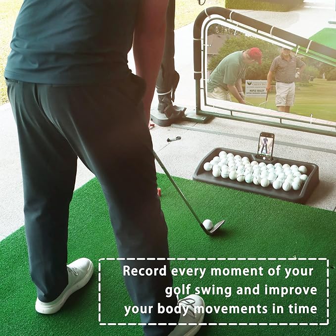 Heavy Duty Golf Ball Tray - with Cell Phone Holder Record Golf Swing - 100 Ball Capacity - High Impact Rubber Golf Tray Compatible with All Hitting Mats