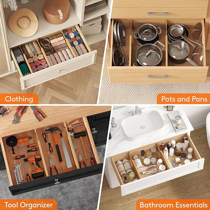 Lifewit 4 Pack 6" Deep Bamboo Drawer Dividers, 13-16.5" Expandable Drawer Organisers for Clothes, Adjustable Dresser Drawer Divider, Clothing Drawers Separators for Dresser, Bedroom, Bathroom, Office