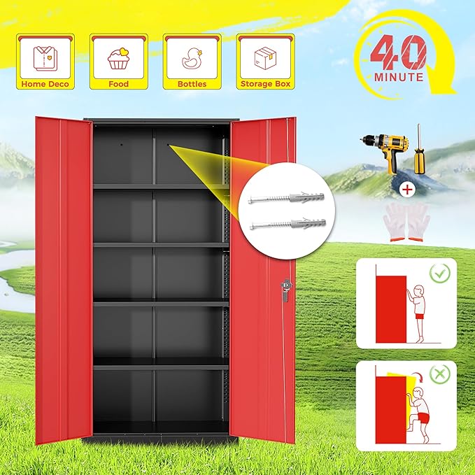 Pataku Metal Storage Cabinet, 72" Garage Cabinet with Doors and Shelves Lockable Steel Multifunctional Cabinets, File Cabinets for Home, Office, Warehouse(Black Red)