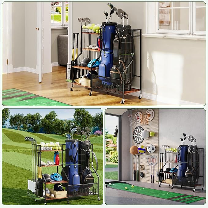 Golf Bag Organizer for 2 Bags, Large Golf Rack with Golf Bag Storage, Golf Bag Stand with Golf Club Rack, Extra Sports Equipment Rack for Garage & Golf Clubs with Wheels