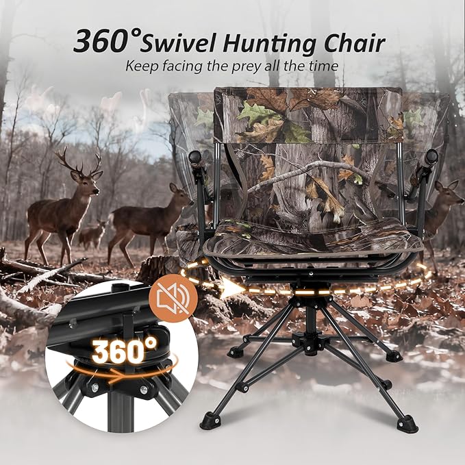 REDCAMP 360° Swivel Hunting Chairs for Ground Blinds, Camo Camping Chairs Portable Folding, Hunting Seats with Hard Arms for Fishing Camping