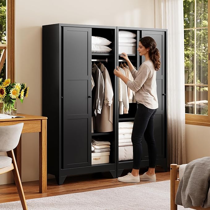 Letaya Metal Sliding Door Wardrobe Cabinets,68" Tall Armoire Wardrobe Closet with Sliding Doors and Shelves,Narrow Slim Coat Closet Cabinet with Hanging Rod,Space Saving for Home (Black)