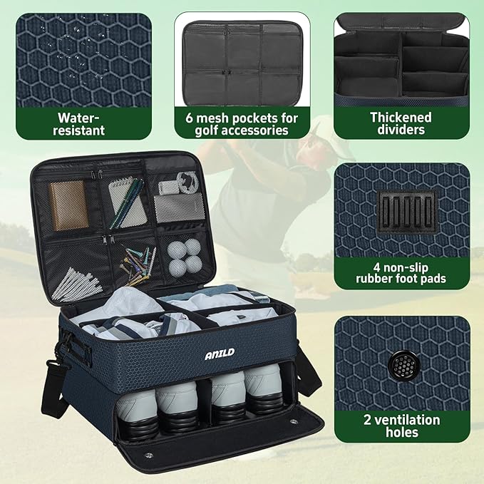 ANILD Golf Trunk Organizer, 2 Layer Golf Storage Case with Separate Ventilated Compartment for 2 Pair Shoes, for Balls, Tees, Clothes, Gloves, Accessories, Golfer Gifts