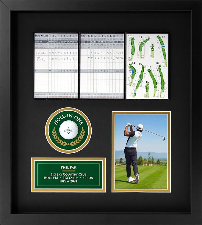 Hole-in-One Golf Display Case Frame, 3 or 4 Components for Ball, Scorecard, Photo & Printed Graphic Info Insert (Legend, 4 Components)