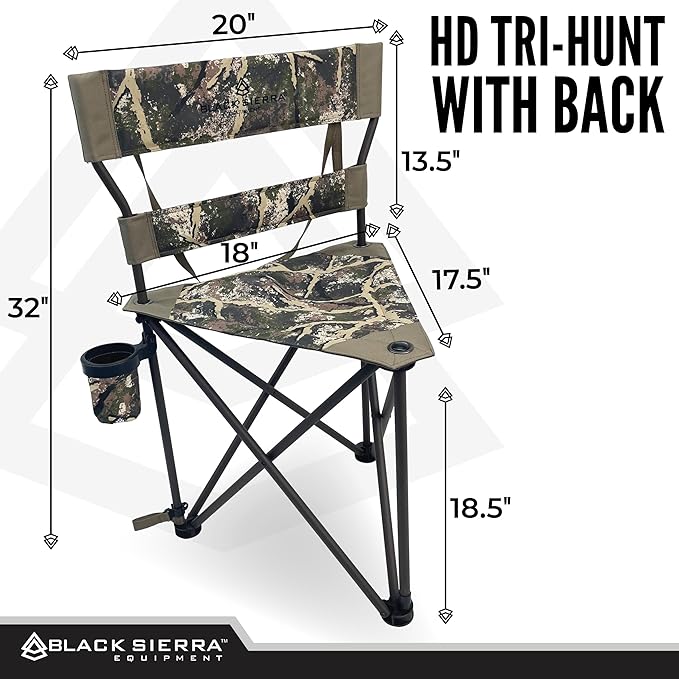 Black Sierra HD Tri-Hunt with Back Hunting Stool, Foldable Tripod Seat w/Steel Frame Supports 300 Lbs, Heavy Duty Fishing Chair Features Cup-Holder & Carry Shoulder Strap, for Camping