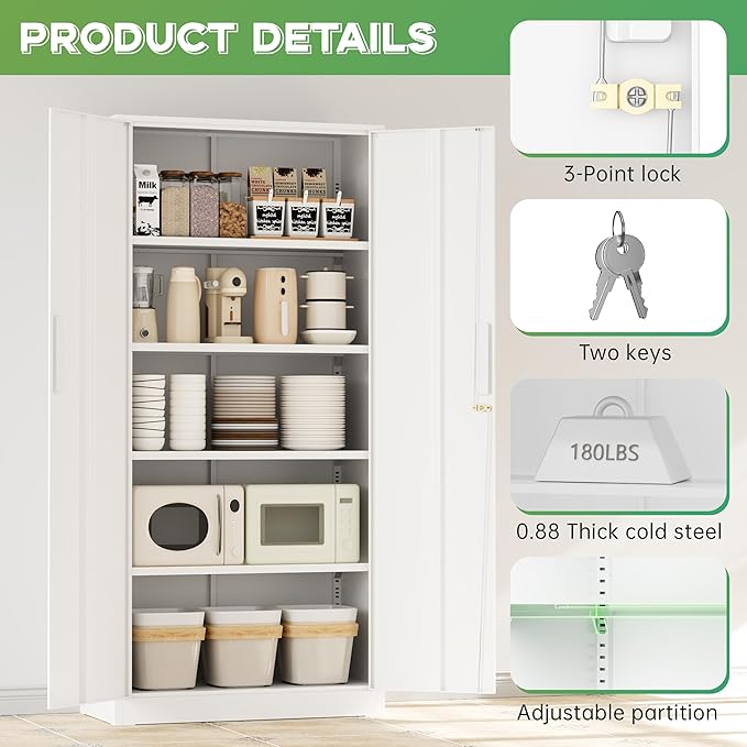 INTERGREAT Metal Storage Cabinet with Lock, 63" H Metal Cabinets Storage with 2 Doors and 4 Adjustable Shelves, Locking Garage Cabinet for Home Office, Kitchen, Bathroom (White)