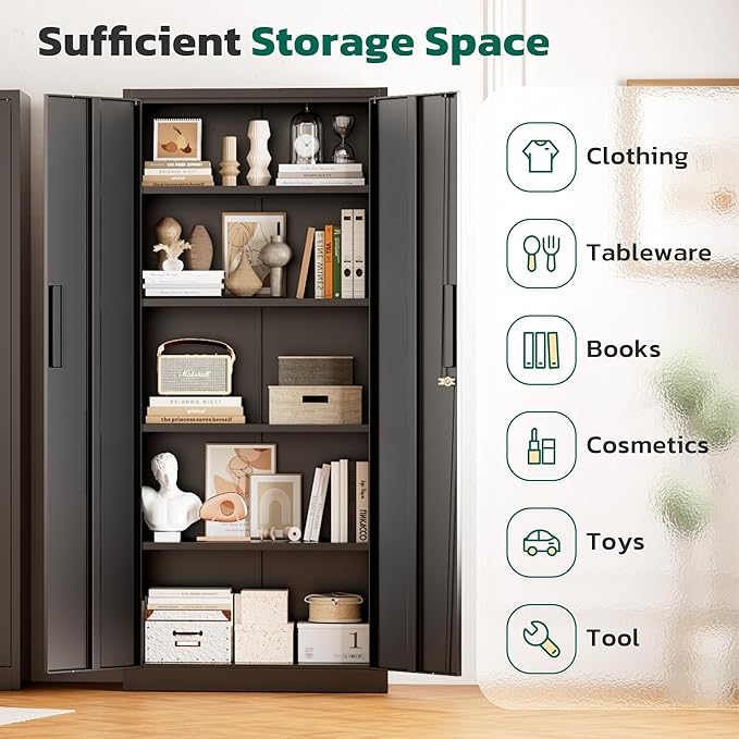 Greenvelly Metal Pantry Cabinet, 63”Tall Black Kitchen Pantry Storage Cabinets with 2 Lock Doors and 4 Adjustable Shelves for Home Office, Dinning Room,Garage