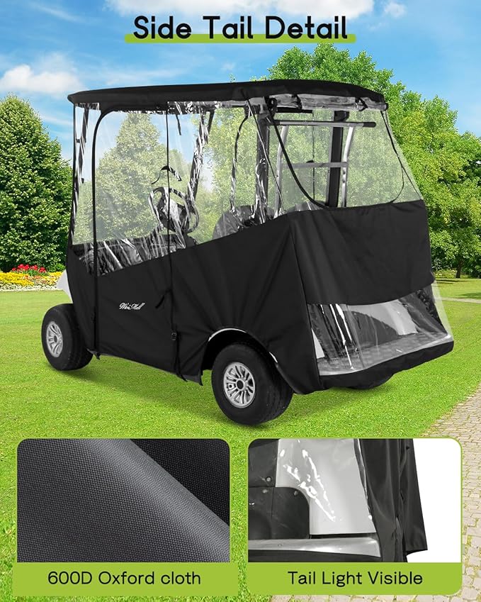 Golf Cart Enclosure 2 Passenger for Yamaha G29 Drive 2 600D Waterproof Windproof Driving Rain Cover Fit 2-Seater Short Roof with 4-Sided Clear Windows Mirror Openings Roll-up Zipper Door Black