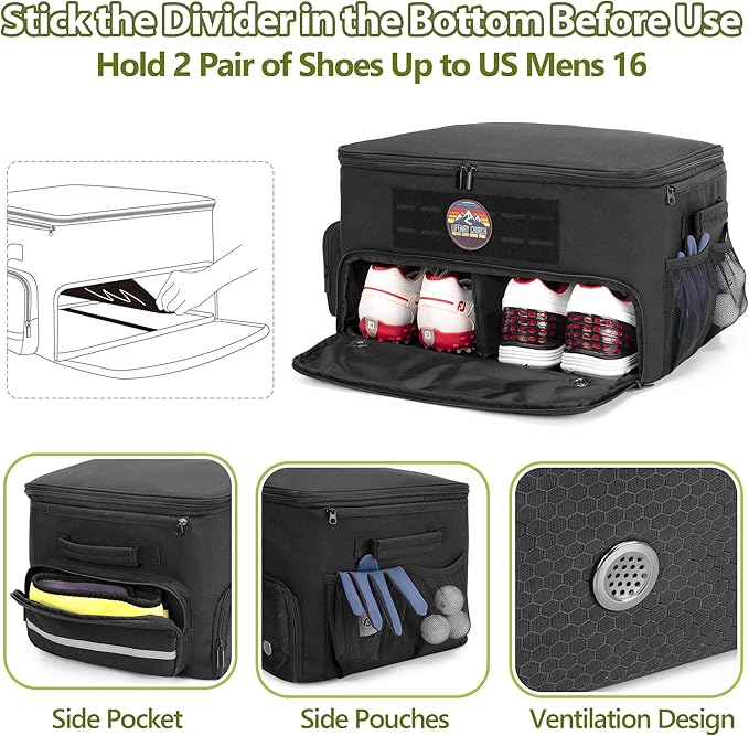 Golf Trunk Organizer Storage with Separate Compartment for 2 Pair Shoes Up to US Mens 16, Golf Car Locker Organizer for Balls, Tees, Clothes, Gloves, Accessories, Black