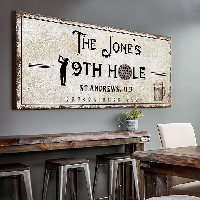 TAILORED CANVASES Golf Art Decor - Personalized Vintage Golf Wall Art Sign for Man Cave, Bedroom, Basement, Home Bar and Custom Gift for Husband, Dad, Wedding & Anniversary - 19th Hole Sign, 36"x12"