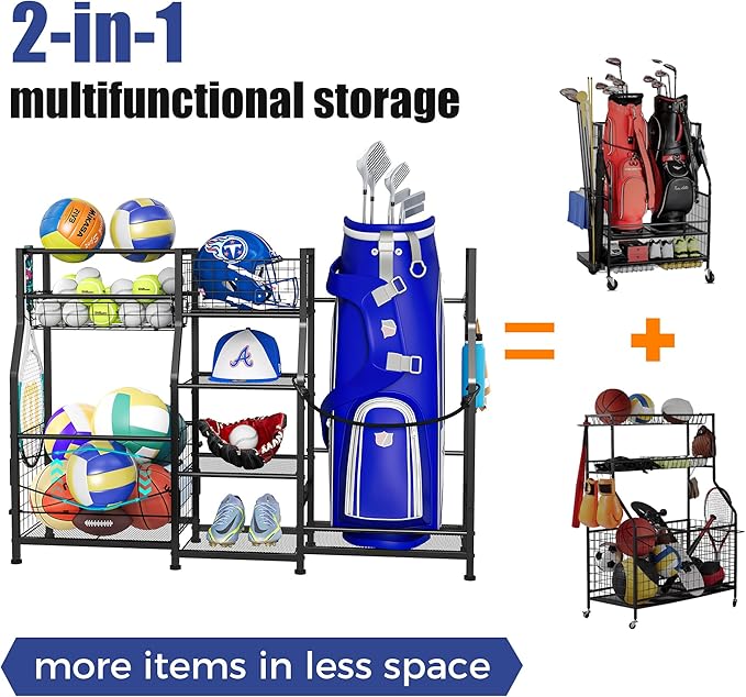 Sonyabecca Golf Bag Stand Golf Storage Organizer for Garage with Basket and Hooks, Storage Rack for 2 Golf Bag, Golf Gift for Men Sports Equipment Organizer, Two Assembly Methods