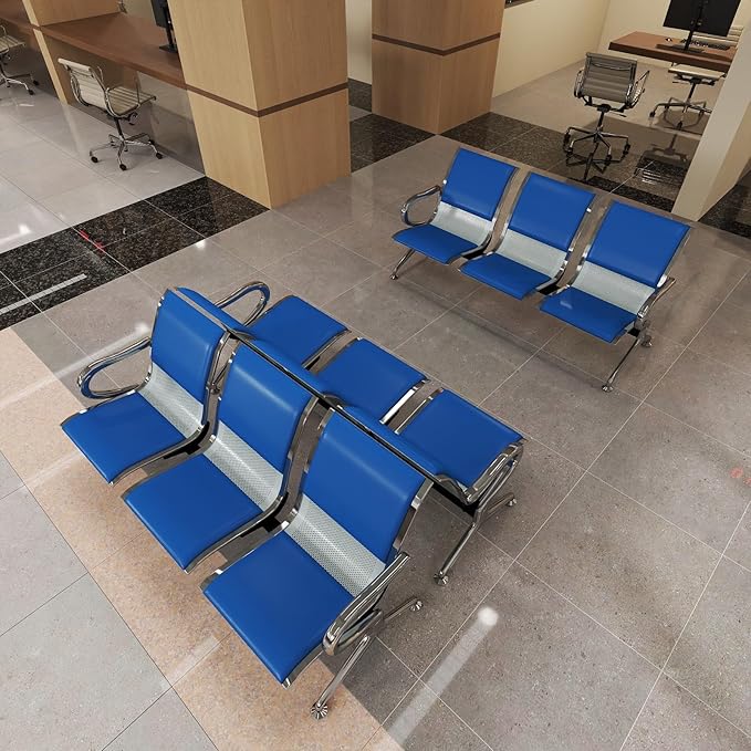 Kinfant Blue 9-Seat Waiting Room Chairs with Arms – Heavy-Duty Steel Frame PU Leather Back & Cushioned Seat, Ergonomic Office Reception Guest Chair for Lobby, Clinic, Airport