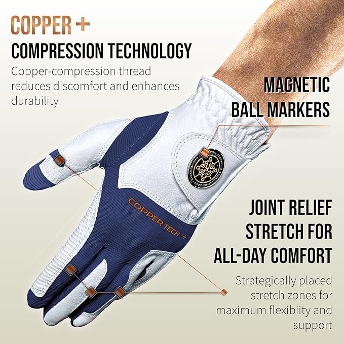 Copper Tech Golf Gloves Men Right Handed Golfer or Left Handed Golfer (2nd Gen) | Copper Compression Joint Support Golf Glove (White/Navy, Small, [Right Hand] for Left Handed Golfers)