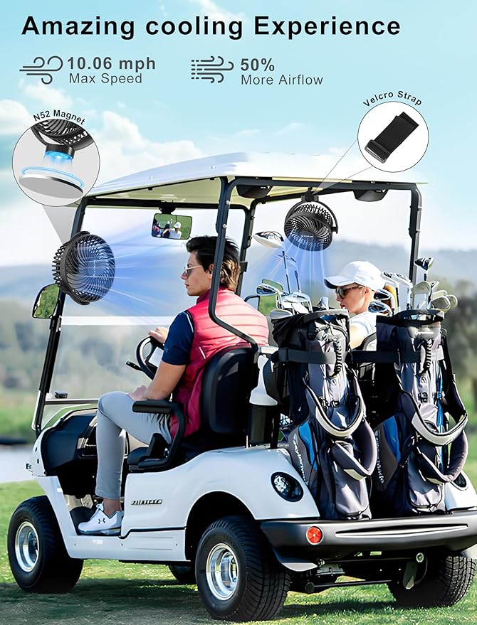 2-Pack Magnetic Golf Cart Fan Rechargeable, 12000mAH Battery Operated Portable Fan with 3 Speeds, LED Lantern, Magnetic Base, Suitable for EZGO Club Car Yamaha, Golf Cart & Cruise Ship Accessories