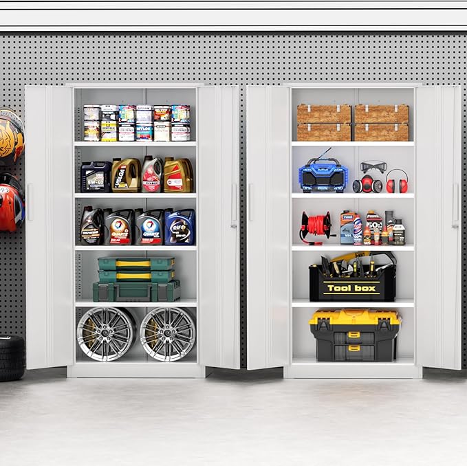 Incbruce 72” Metal Storage Cabinet, Locking Tall Steel Storage Cabinet with 2 Doors and 4 Adjustable Shelves for Garage, Home, Office (White)