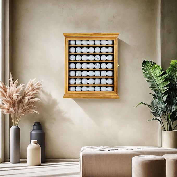 49 Golf Ball Display Case | Solid Wood Cabinet with 98% UV Protection | Lockable Glass Door for Golf Enthusiasts
