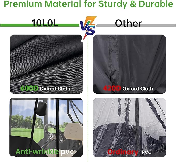 10L0L 2/4 Passenger Golf Cart Driving Enclosure for EZGO TXT/RXV Model, 4-Sided Clear Window 600D Rain Cover All Weather Windproof Waterproof - Black/Beige