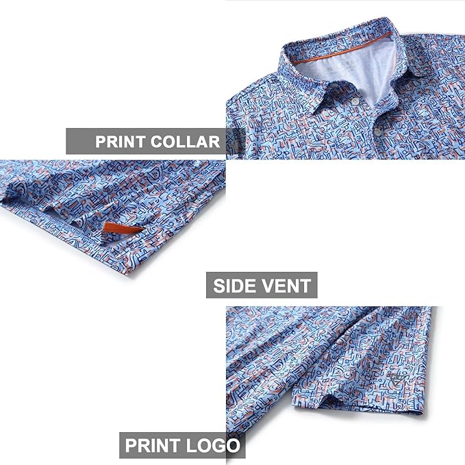 Golf Shirts for Men Dry Fit Short Sleeve Print Performance Moisture Wicking Polo Shirt