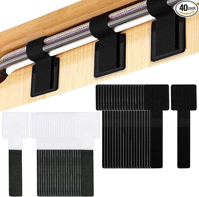 40 Hook and Loop Cable Ties, Sticky-back Cord Organizer, Cable Clip, Cable Management Under Desk, Self Adhesive Hook and Loop Cable Straps, Adjustable Nylon Wire for Home, Office (Black)