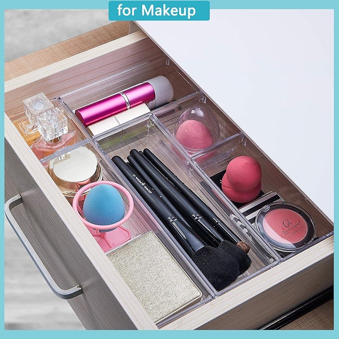 DCA 72 PCS Clear Plastic Drawer Organizers Set, 4-Size Versatile Bathroom and Vanity Organizer Trays, Storage Containers for Makeup, Jewelries, Bedroom，Kitchen Utensils and Office