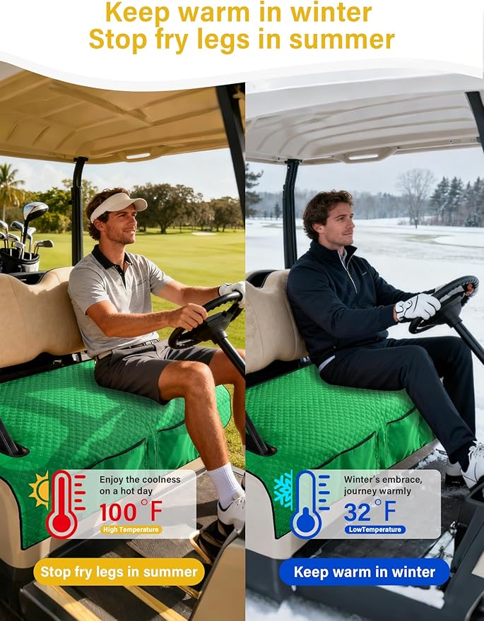 Golf Cart Seat Covers,Golf Cart Seat Towel Blanket with 4 Front Pockets & Nonskid Bottom Fits for EZGO, Yamaha, Club Car and More 2 Person Seats Golf Carts (Christmas Green, Ezgo)
