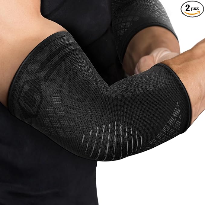 CAMBIVO 2 Pack Elbow Brace for Tendonitis, Tennis Elbow Compression Support Sleeve for Golfers Elbow Pain Relief, Arthritis, Bursitis, Workout, Weightlifting (Black-Grey,Large)