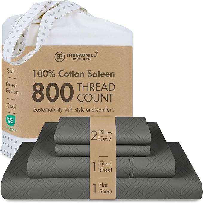 Threadmill Luxury 100% Cotton Full Bed-Sheets - 800 Thread Count Jacquard Celine Dark Grey, Better Than Egyptian Cotton,4 Pc Striped Bed Set, Damask Sheets with Elasticized Deep Pocket