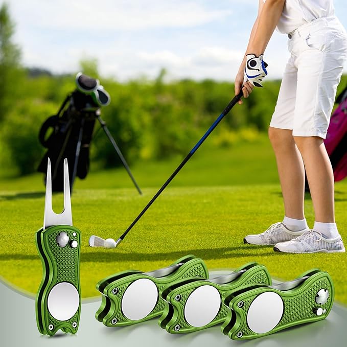 Skylety 4 Pcs Golf Divot Repair Tool Metal Foldable Golf Divot Tool with Magnetic Pop-up Button Ball Marker Stainless Steel Switchblade for Golfers Prizes